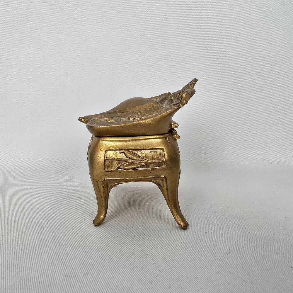 Vintage Art Nouveau Style Gold Tone Trinket Box with Green Satin Lining