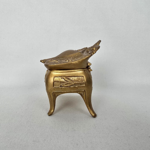 Vintage Art Nouveau Style Gold Tone Trinket Box with Green Satin Lining