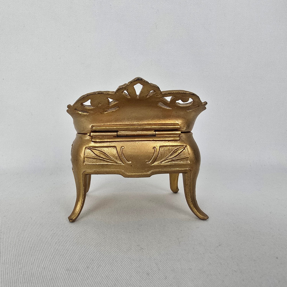 Vintage Art Nouveau Style Gold Tone Trinket Box with Green Satin Lining