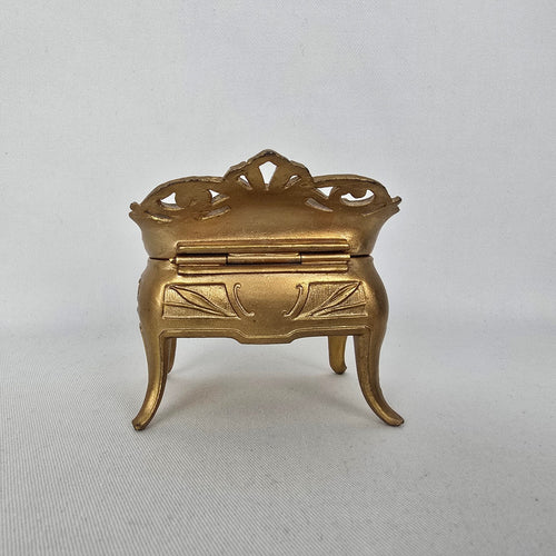 Vintage Art Nouveau Style Gold Tone Trinket Box with Green Satin Lining