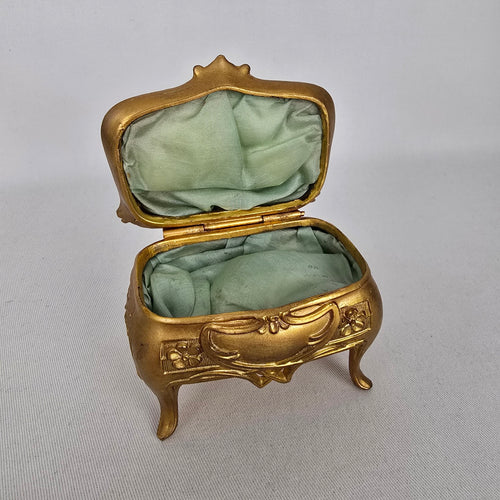 Vintage Art Nouveau Style Gold Tone Trinket Box with Green Satin Lining