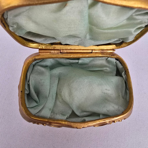 Vintage Art Nouveau Style Gold Tone Trinket Box with Green Satin Lining