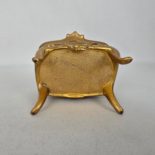 Vintage Art Nouveau Style Gold Tone Trinket Box with Green Satin Lining