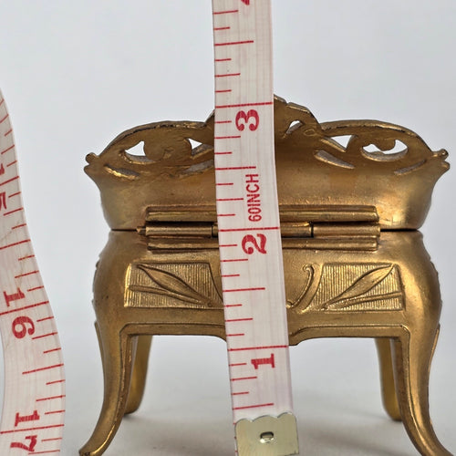 Vintage Art Nouveau Style Gold Tone Trinket Box with Green Satin Lining