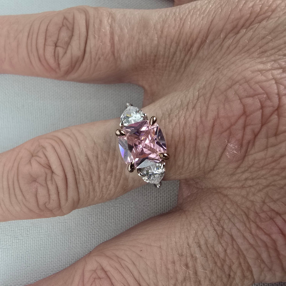 Pink & White Crystal S925 Silver Three Stone Ring Size 8.5