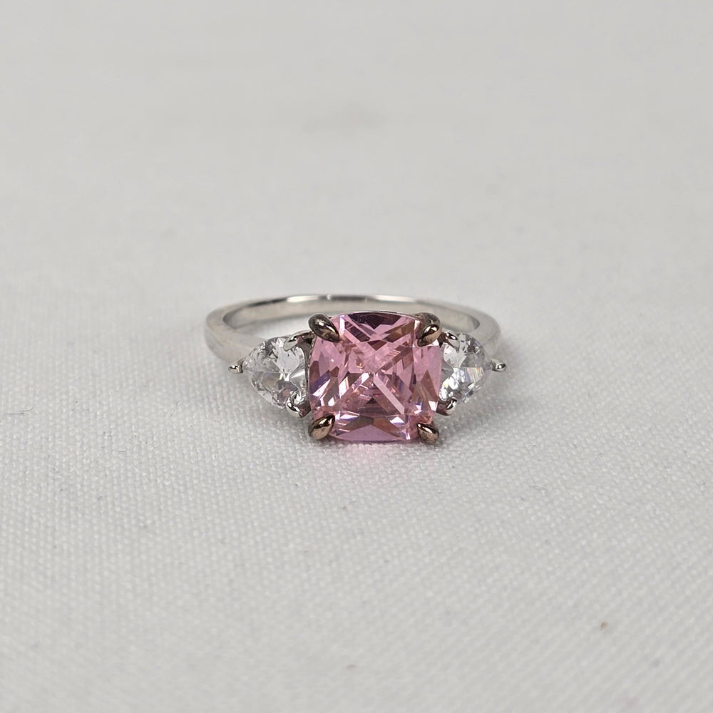 Pink & White Crystal S925 Silver Three Stone Ring Size 8.5