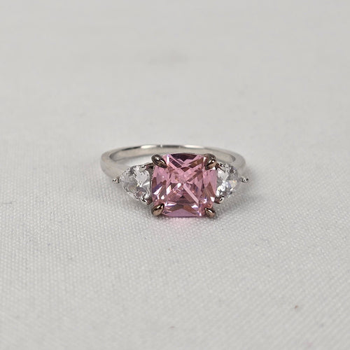 Pink & White Crystal S925 Silver Three Stone Ring Size 8.5