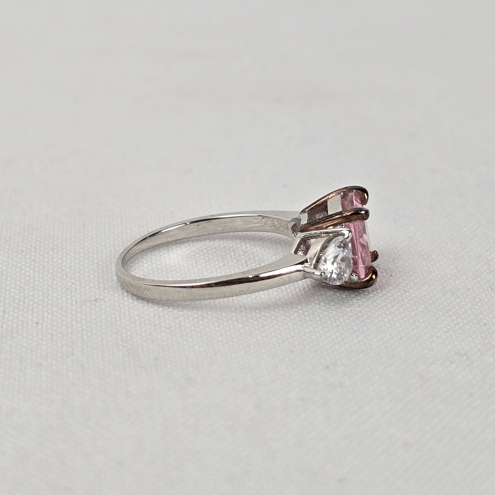 Pink & White Crystal S925 Silver Three Stone Ring Size 8.5