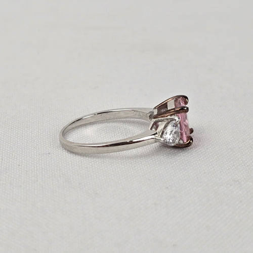 Pink & White Crystal S925 Silver Three Stone Ring Size 8.5