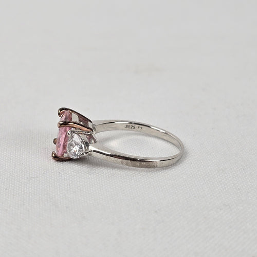 Pink & White Crystal S925 Silver Three Stone Ring Size 8.5