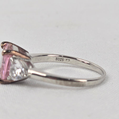Pink & White Crystal S925 Silver Three Stone Ring Size 8.5