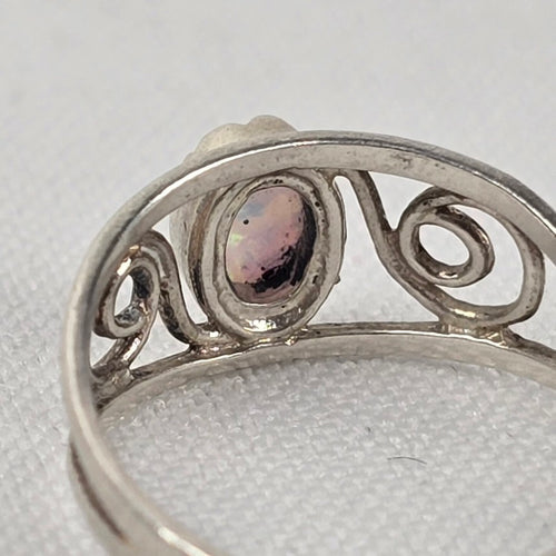 925 Sterling Silver Oval White Opal Vintage Scrollwork Statement Ring Size 7