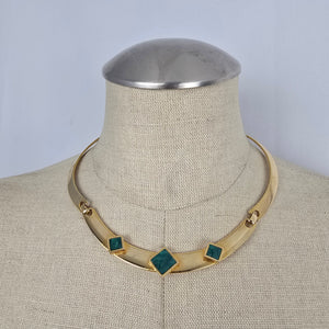 Vintage Gold-Tone Statement Collar Necklace with Green Stone Accents