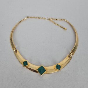 Vintage Gold-Tone Statement Collar Necklace with Green Stone Accents