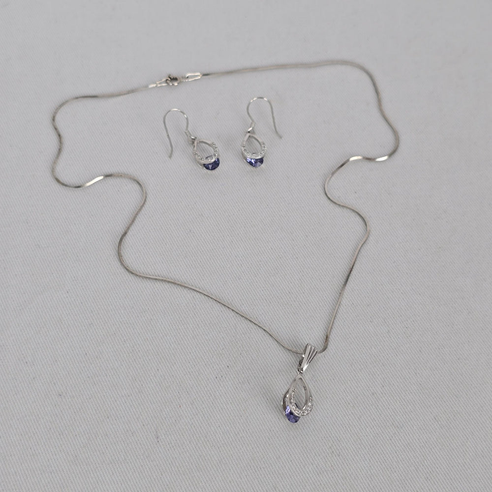 Sterling Silver Purple Crystal Teardrop Necklace & Earrings Set
