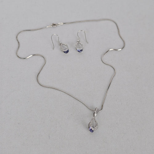 Sterling Silver Purple Crystal Teardrop Necklace & Earrings Set