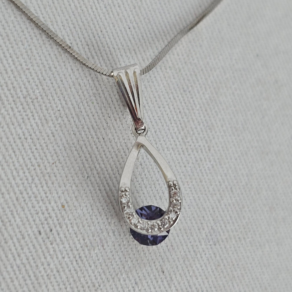 Sterling Silver Purple Crystal Teardrop Necklace & Earrings Set