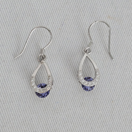 Sterling Silver Purple Crystal Teardrop Necklace & Earrings Set