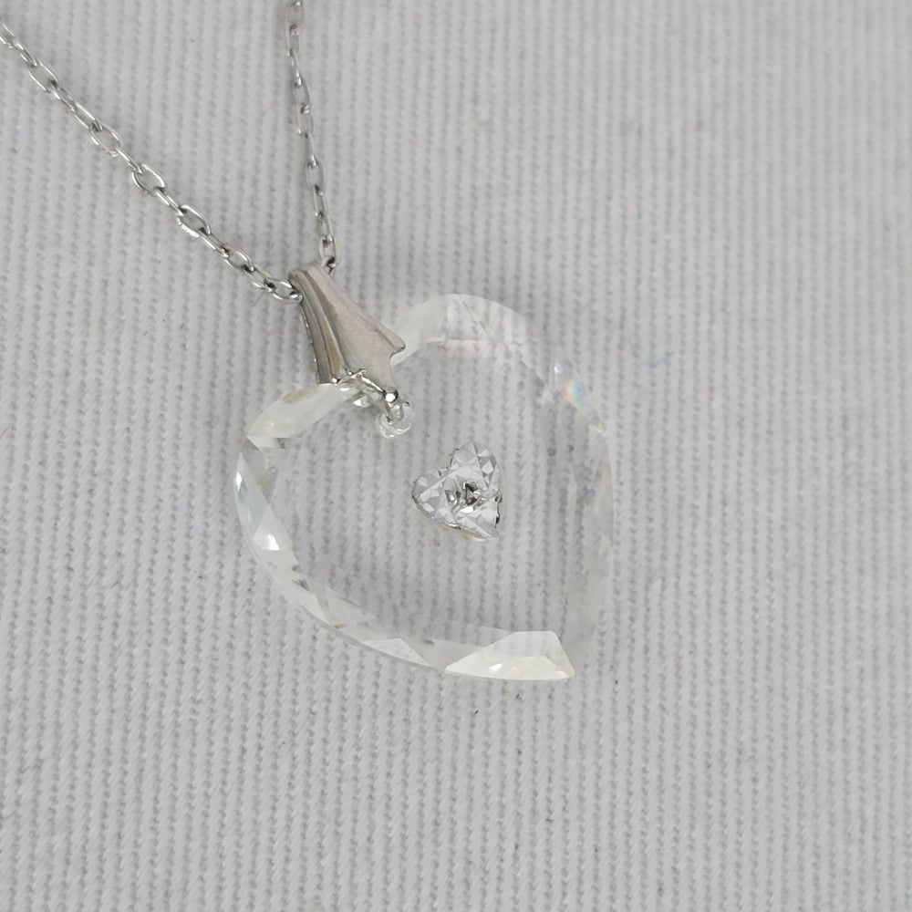 Vintage 925 Sterling Clear Faceted Heart Pendant Necklace