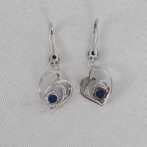Silver Tone Blue Stone Heart Drop Earrings