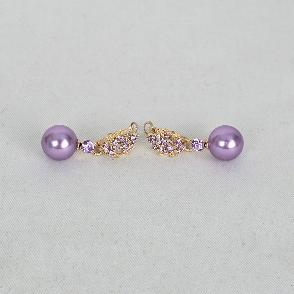 Purple Faux Pearl & Rhinestone Gold Tone Earrings