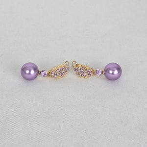 Purple Faux Pearl & Rhinestone Gold Tone Earrings
