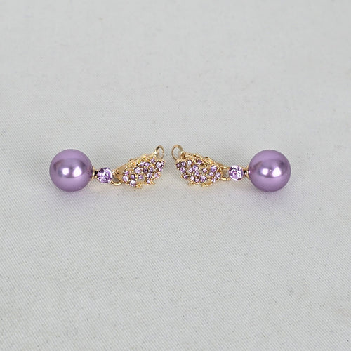 Purple Faux Pearl & Rhinestone Gold Tone Earrings