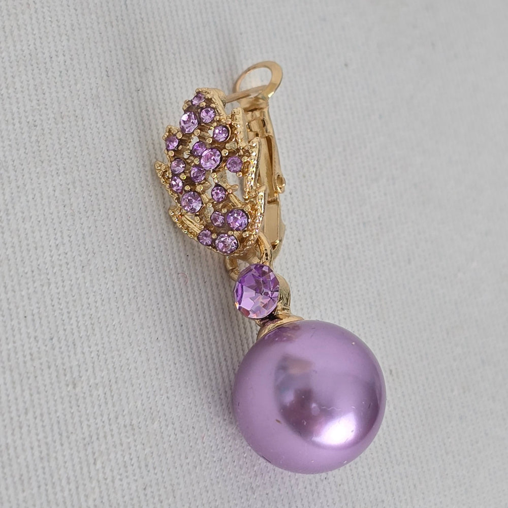 Purple Faux Pearl & Rhinestone Gold Tone Earrings