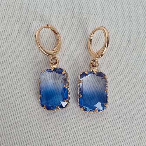 Blue Faceted Crystal Drop Earrings Gold Tone