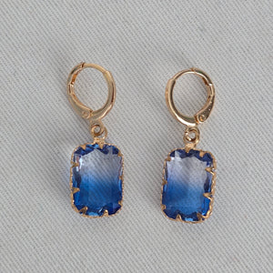 Blue Faceted Crystal Drop Earrings Gold Tone