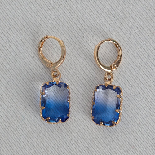 Blue Faceted Crystal Drop Earrings Gold Tone