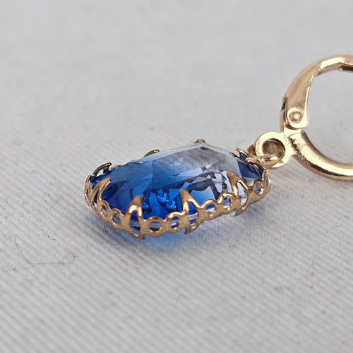 Blue Faceted Crystal Drop Earrings Gold Tone