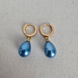Gold Tone Blue Teardrop Dangle Hoop Earrings
