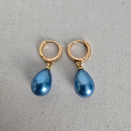 Gold Tone Blue Teardrop Dangle Hoop Earrings