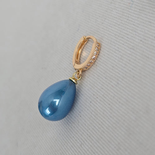 Gold Tone Blue Teardrop Dangle Hoop Earrings