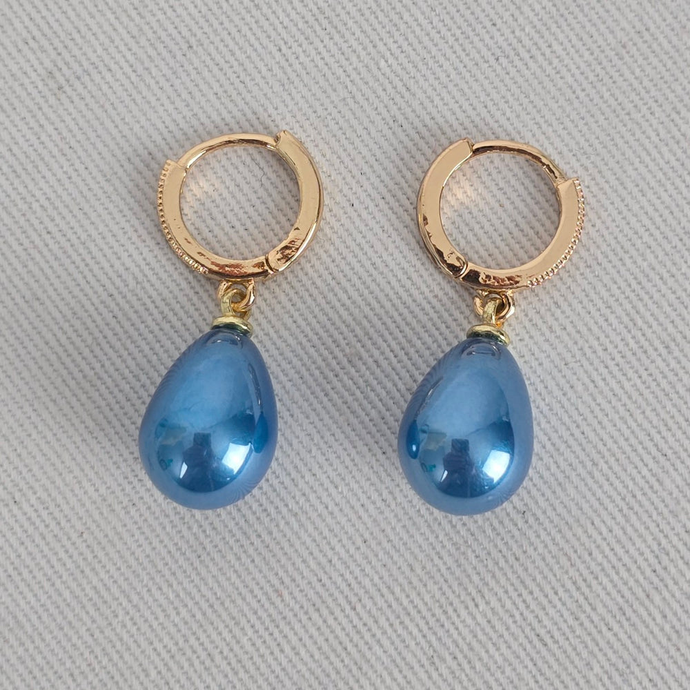 Gold Tone Blue Teardrop Dangle Hoop Earrings