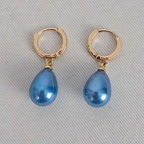 Gold Tone Blue Teardrop Dangle Hoop Earrings