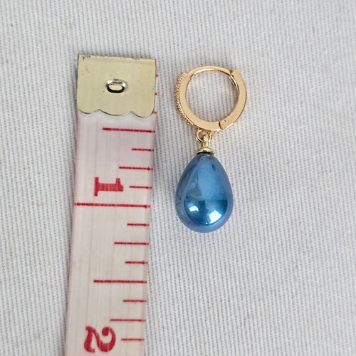 Gold Tone Blue Teardrop Dangle Hoop Earrings