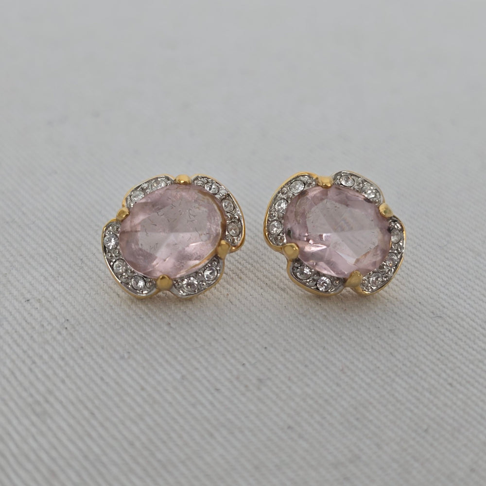 Vintage Pink Stone & Crystal Floral Stud Earrings