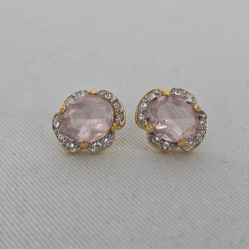 Vintage Pink Stone & Crystal Floral Stud Earrings