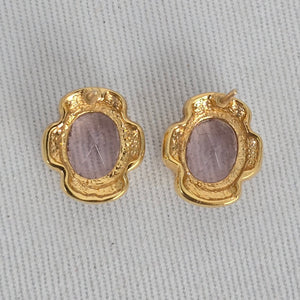 Vintage Pink Stone & Crystal Floral Stud Earrings