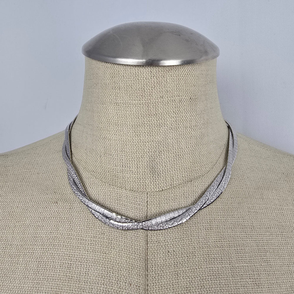 Vintage Multi-Strand Textured Omega Choker Necklace, Silver Tone