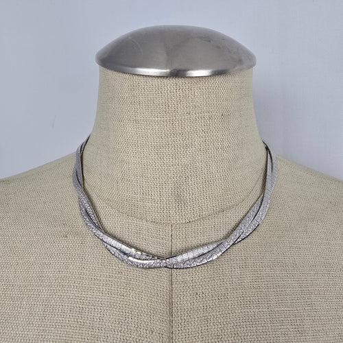 Vintage Multi-Strand Textured Omega Choker Necklace, Silver Tone