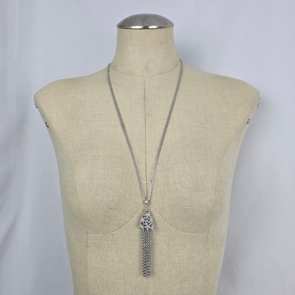 Vintage Monet Silver Tone Floral Tassel Pendant Necklace