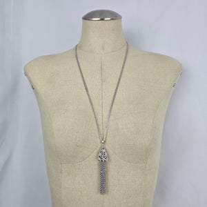 Vintage Monet Silver Tone Floral Tassel Pendant Necklace