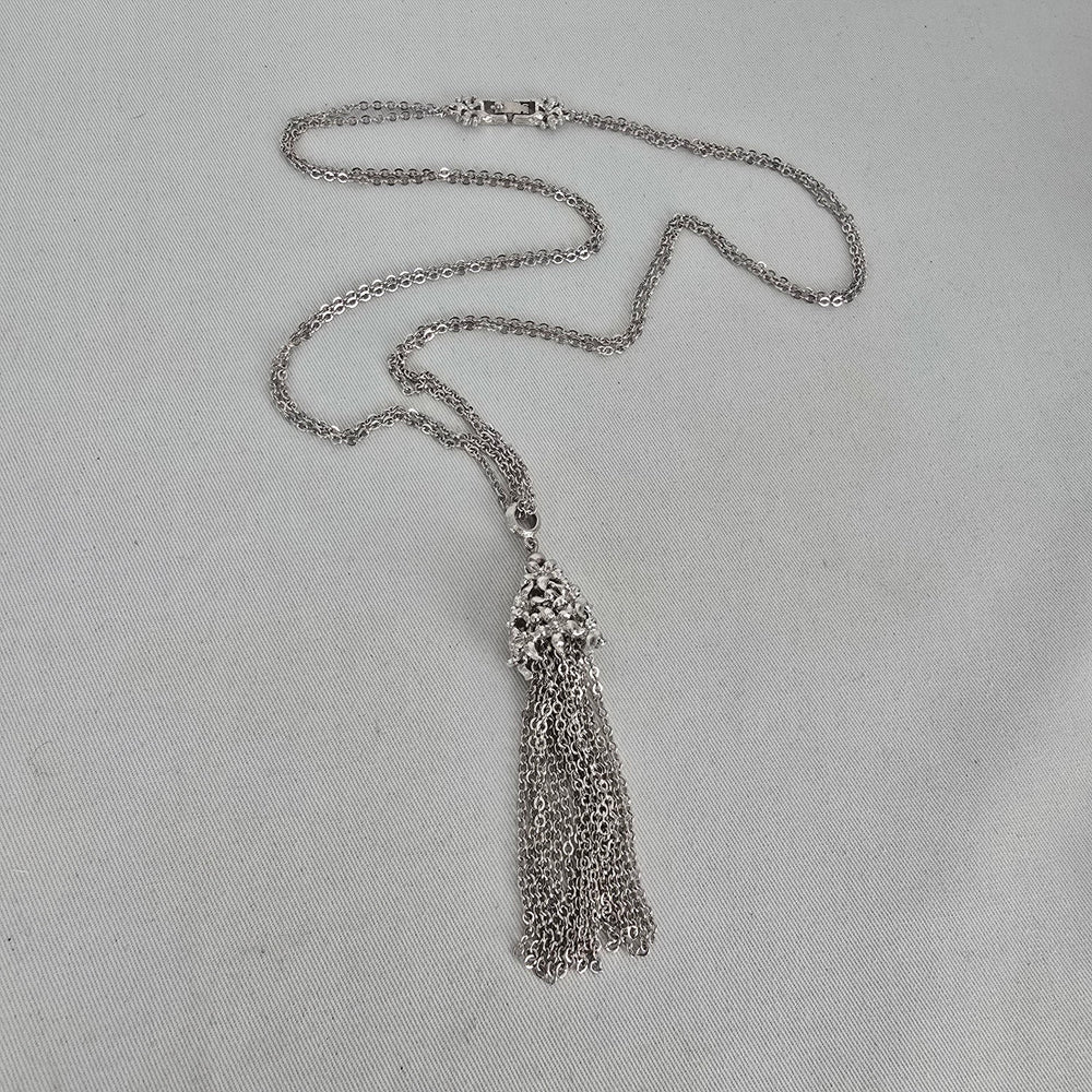 Vintage Monet Silver Tone Floral Tassel Pendant Necklace
