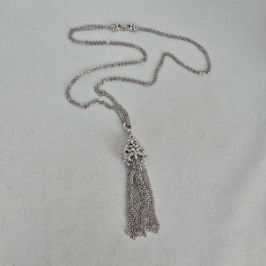 Vintage Monet Silver Tone Floral Tassel Pendant Necklace