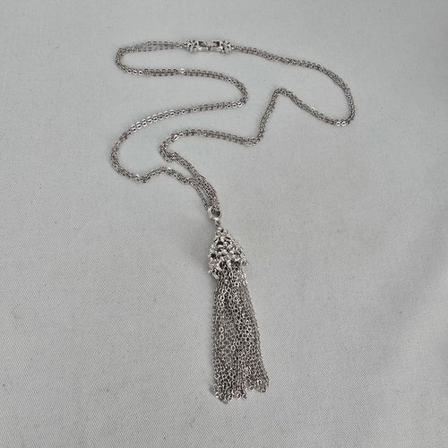 Vintage Monet Silver Tone Floral Tassel Pendant Necklace