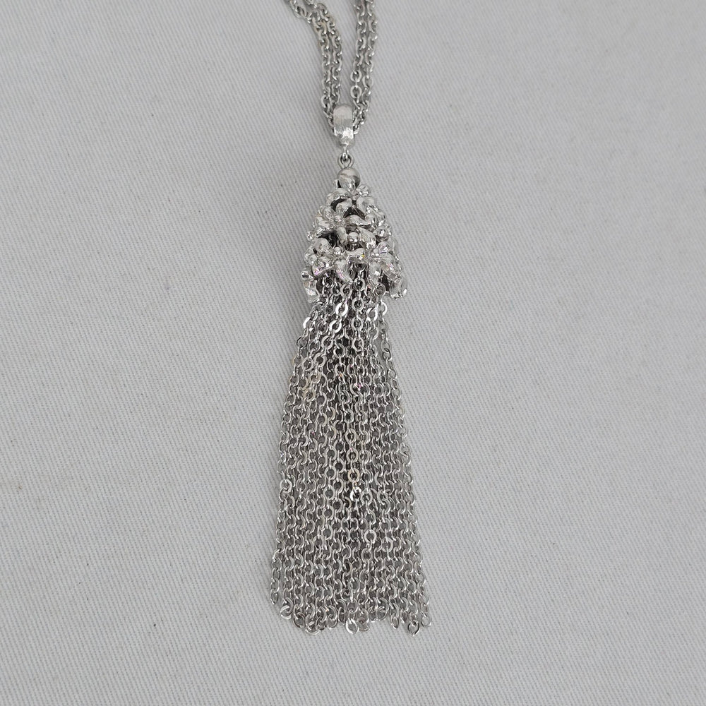 Vintage Monet Silver Tone Floral Tassel Pendant Necklace