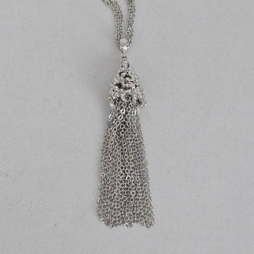 Vintage Monet Silver Tone Floral Tassel Pendant Necklace